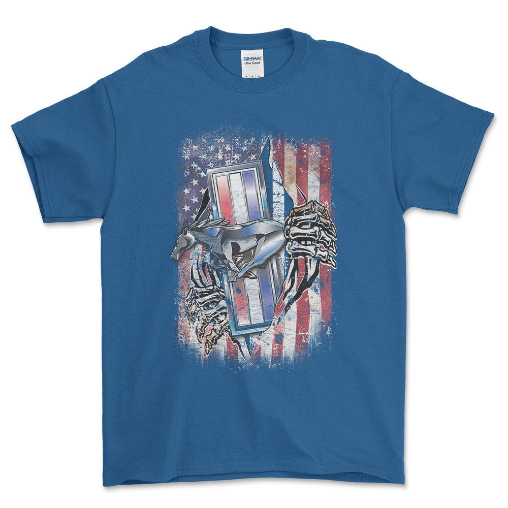 Ford Mustang US Flag T-Shirt-Beklædning-Ford-Blå Royal-S-Garage Culture Shop- garage - man cave - merchandise