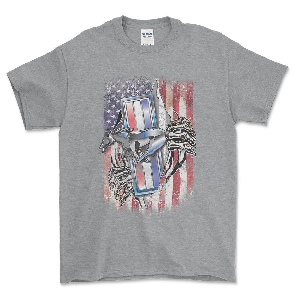 Ford Mustang US Flag T-Shirt-Beklædning-Ford-Grå Sport-S-Garage Culture Shop- garage - man cave - merchandise