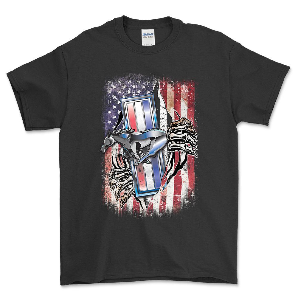 Ford Mustang US Flag T-Shirt-Beklædning-Ford-Sort-S-Garage Culture Shop- garage - man cave - merchandise