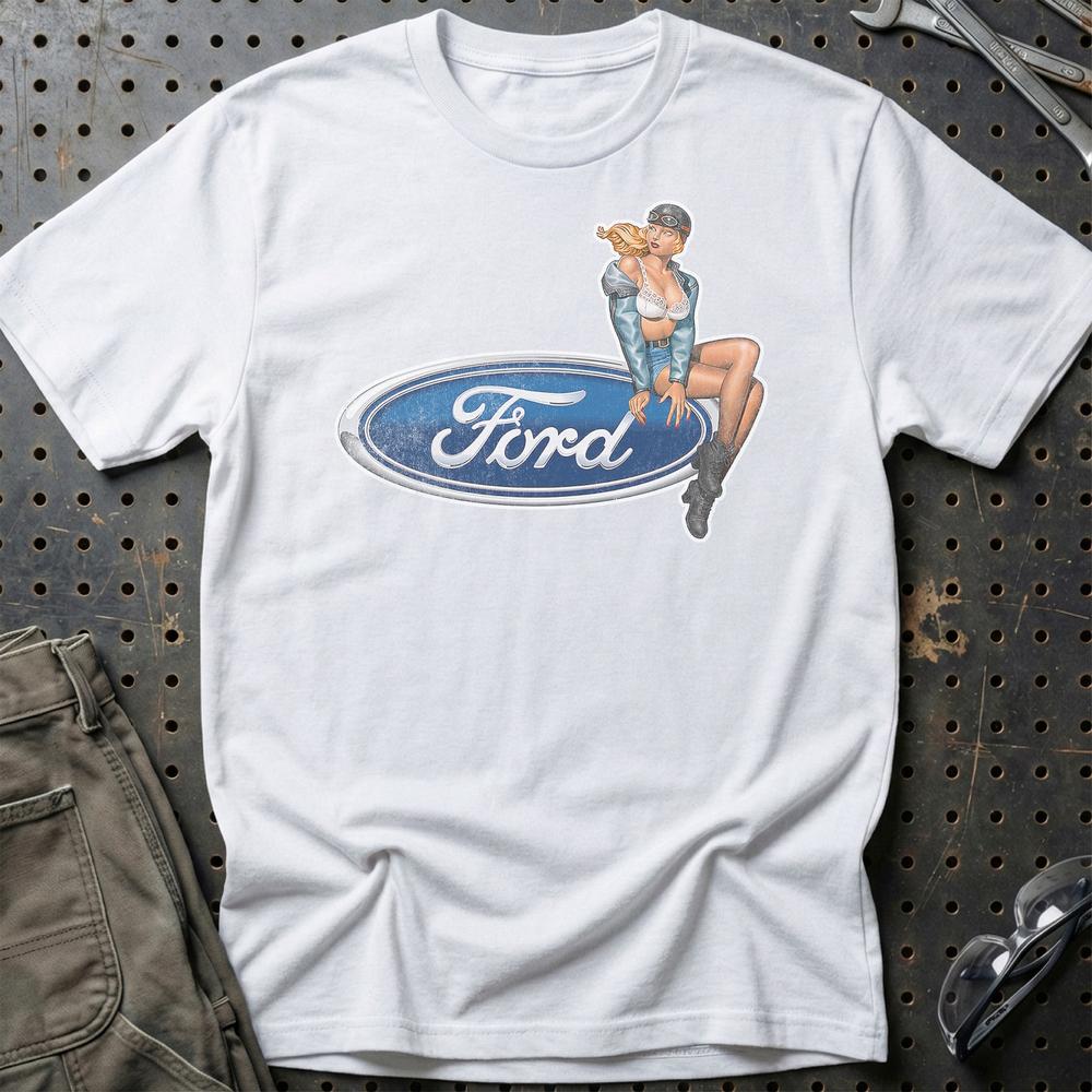 Ford Pinup - Unisex T-Shirt , Bomuld-Beklædning-Ford-Hvid-S-Garage Culture Shop- garage - man cave - merchandise