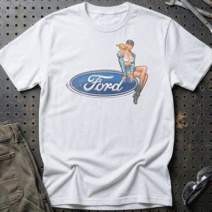 Ford Pinup - Unisex T-Shirt , Bomuld-Beklædning-Ford-Hvid-S-Garage Culture Shop- garage - man cave - merchandise