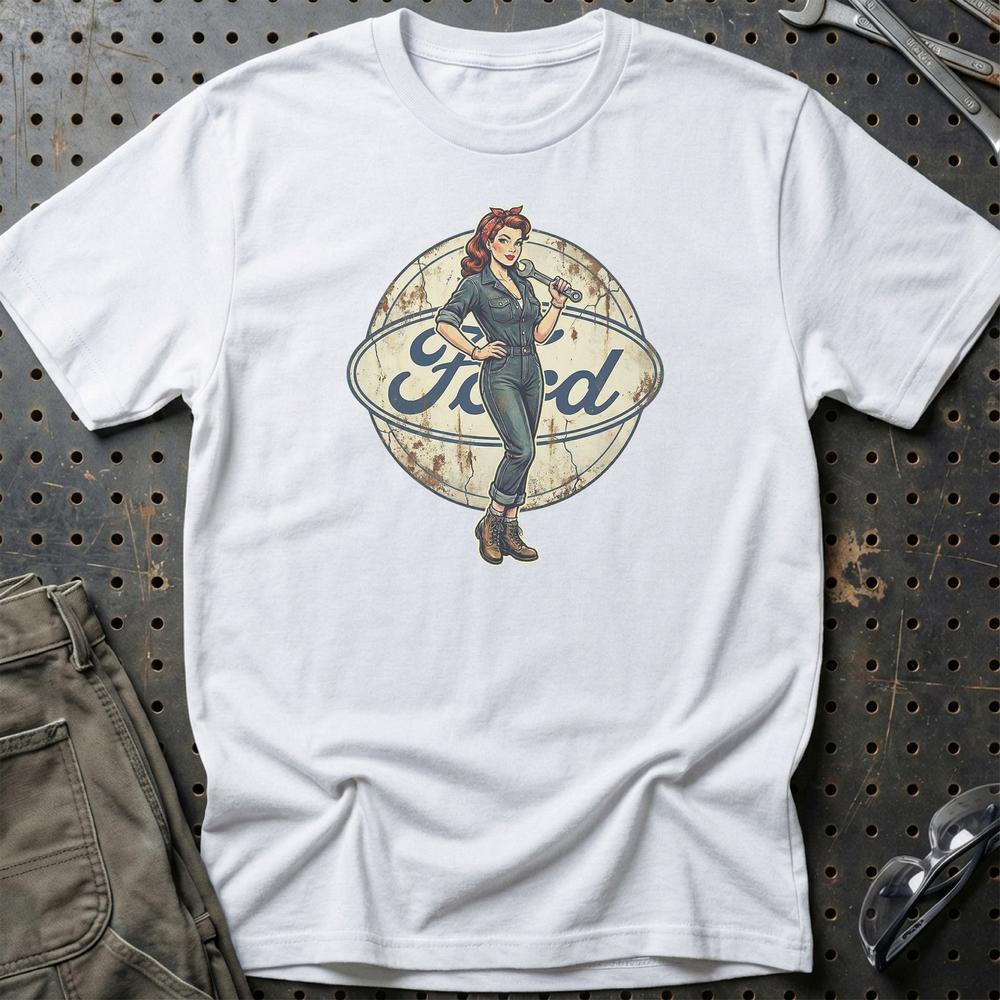 Ford Pinup - Unisex T-Shirt , Bomuld-Beklædning-Ford-Hvid-S-Garage Culture Shop- garage - man cave - merchandise