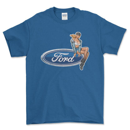 Ford Pinup - Unisex T-Shirt , Bomuld-Beklædning-Ford-Blå Royal-S-Forside-Garage Culture Shop- garage - man cave - merchandise