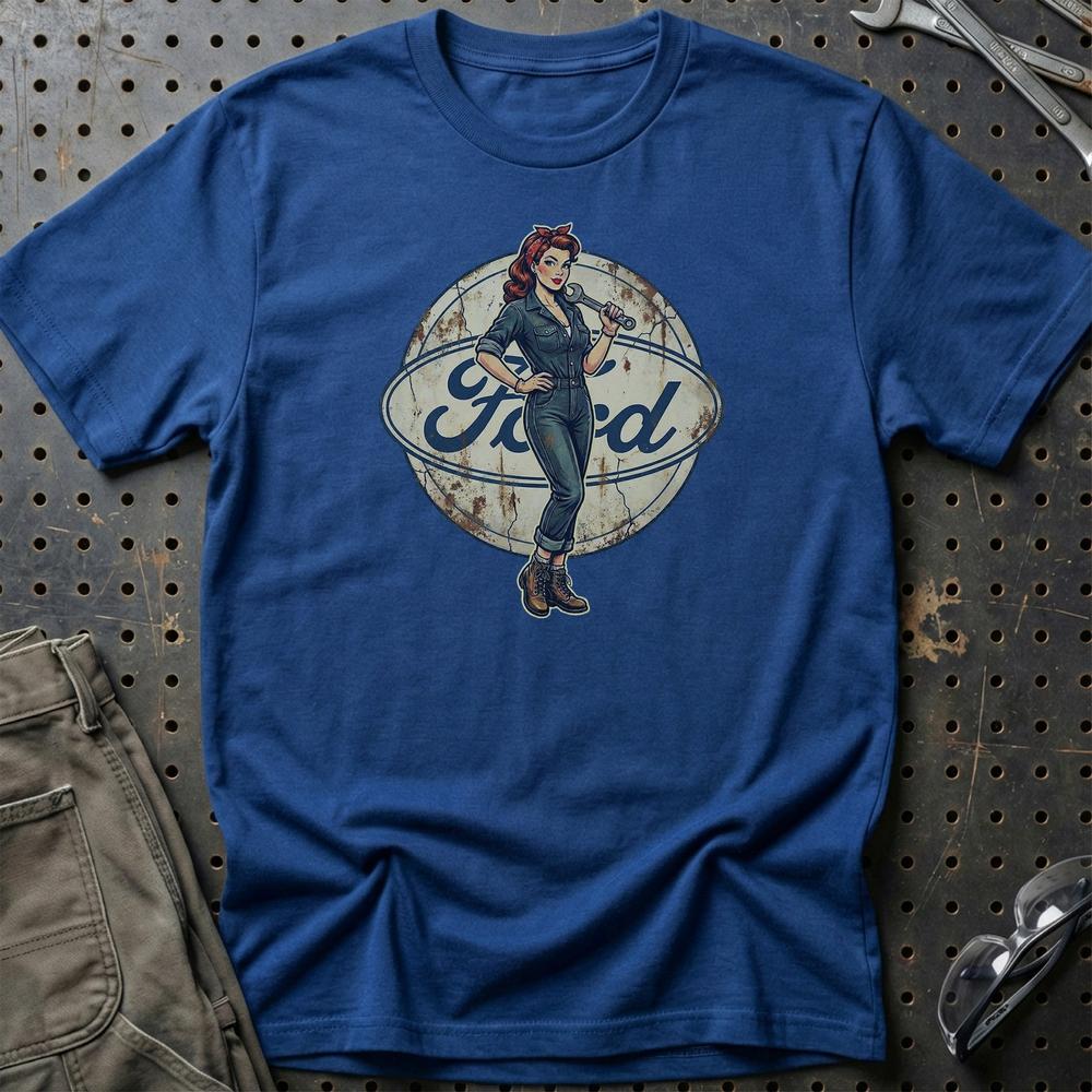 Ford Pinup - Unisex T-Shirt , Bomuld-Beklædning-Ford-Blå Royal-S-Garage Culture Shop- garage - man cave - merchandise