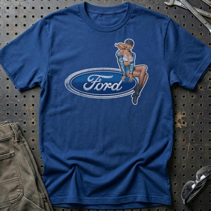 Ford Pinup - Unisex T-Shirt , Bomuld-Beklædning-Ford-Blå Royal-S-Garage Culture Shop- garage - man cave - merchandise