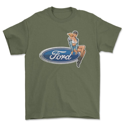 Ford Pinup - Unisex T-Shirt , Bomuld-Beklædning-Ford-Grøn Militær-S-Forside-Garage Culture Shop- garage - man cave - merchandise