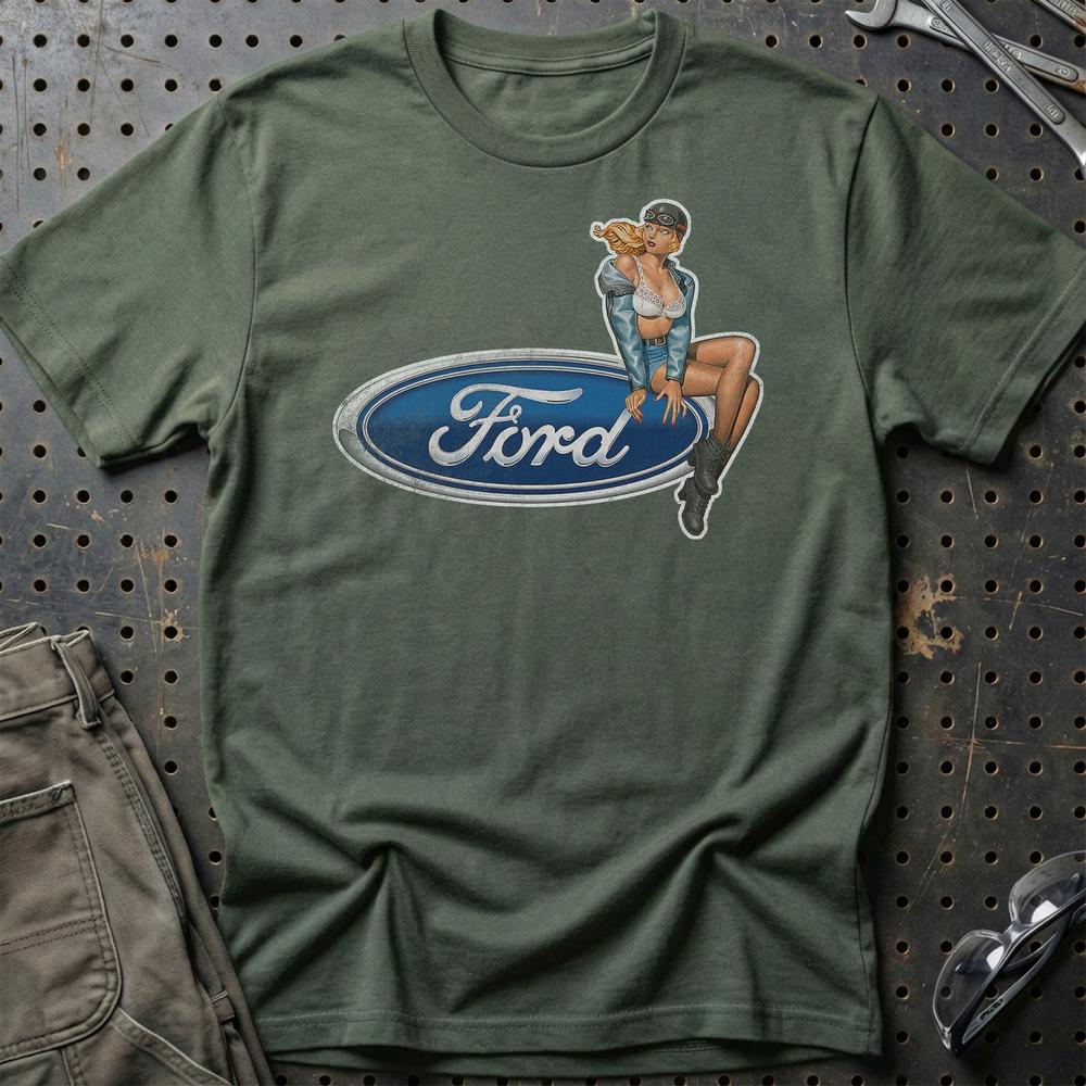 Ford Pinup - Unisex T-Shirt , Bomuld-Beklædning-Ford-Grøn Militær-S-Garage Culture Shop- garage - man cave - merchandise