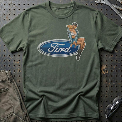 Ford Pinup - Unisex T-Shirt , Bomuld-Beklædning-Ford-Grøn Militær-S-Garage Culture Shop- garage - man cave - merchandise
