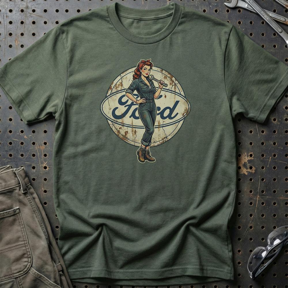 Ford Pinup - Unisex T-Shirt , Bomuld-Beklædning-Ford-Grøn Militær-S-Garage Culture Shop- garage - man cave - merchandise