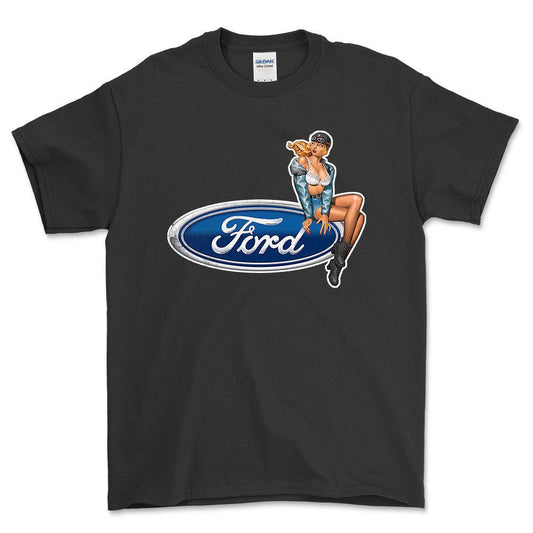 Ford Pinup - Unisex T-Shirt , Bomuld-Beklædning-Ford-Sort-S-Forside-Garage Culture Shop- garage - man cave - merchandise