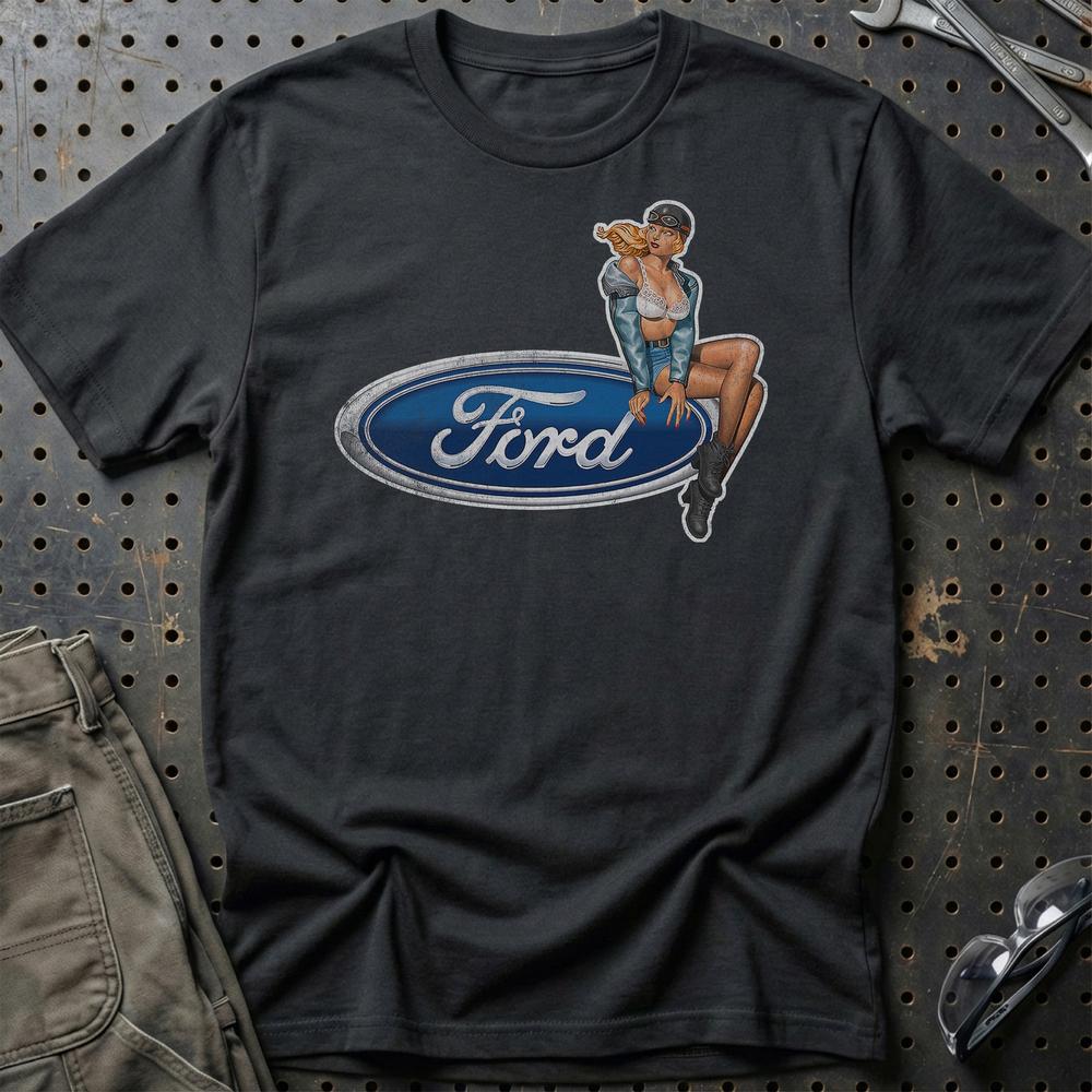 Ford Pinup - Unisex T-Shirt , Bomuld-Beklædning-Ford-Sort-S-Garage Culture Shop- garage - man cave - merchandise