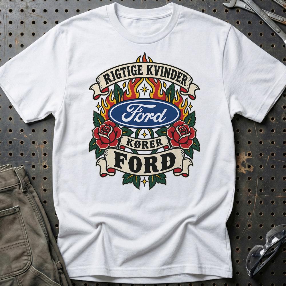 Ford Rigtige Kvinder Kører – Roser og Flammer T-Shirt-Beklædning-Ford-Hvid-S-Garage Culture Shop- garage - man cave - merchandise