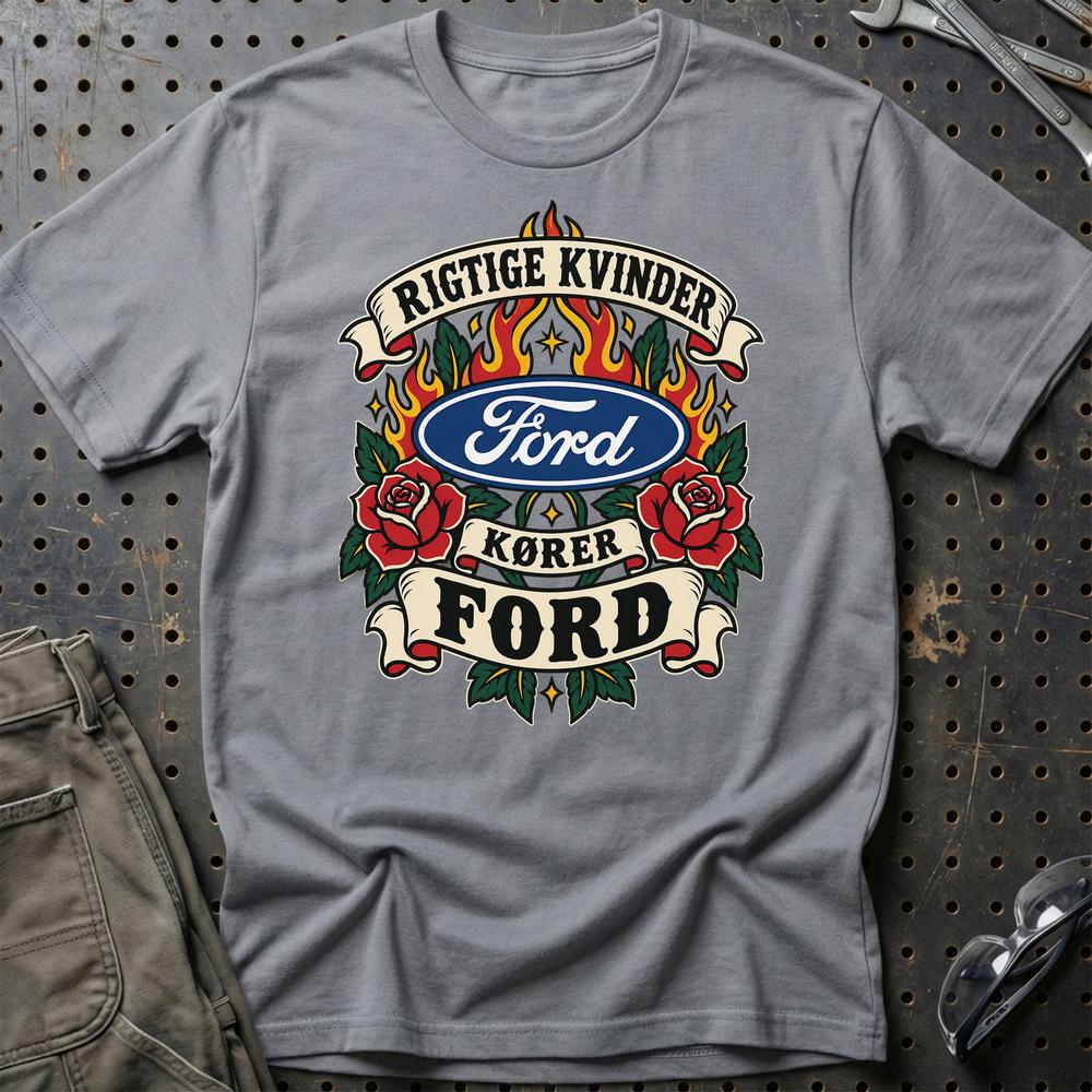 Ford Rigtige Kvinder Kører – Roser og Flammer T-Shirt-Beklædning-Ford-Grå Sport-S-Garage Culture Shop- garage - man cave - merchandise