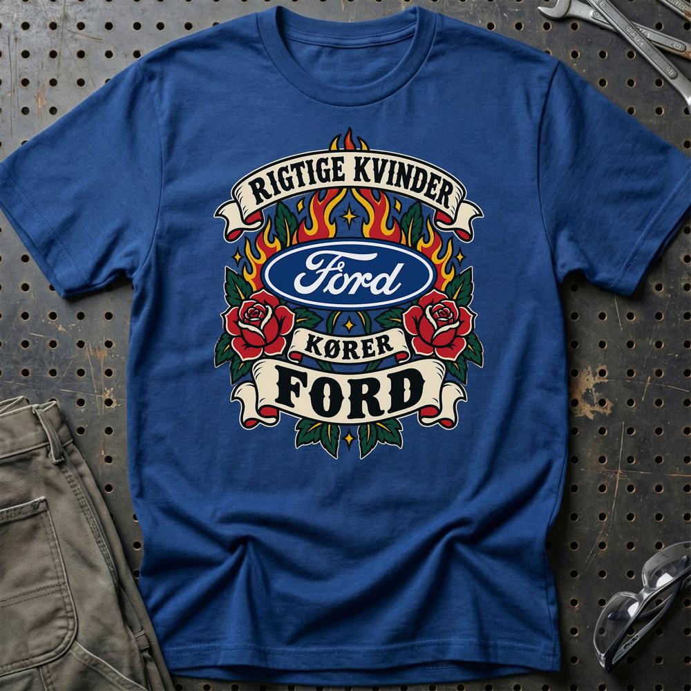 Ford Rigtige Kvinder Kører – Roser og Flammer T-Shirt-Beklædning-Ford-Blå Royal-S-Garage Culture Shop- garage - man cave - merchandise