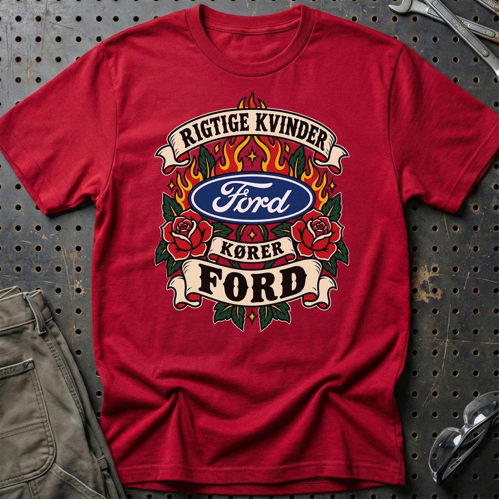 Ford Rigtige Kvinder Kører – Roser og Flammer T-Shirt-Beklædning-Ford-Rød-S-Garage Culture Shop- garage - man cave - merchandise
