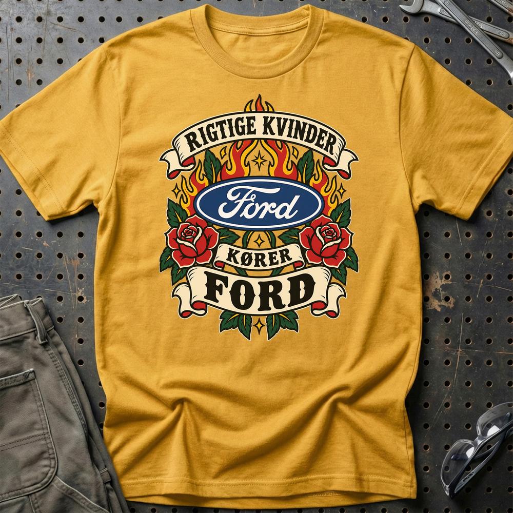 Ford Rigtige Kvinder Kører – Roser og Flammer T-Shirt-Beklædning-Ford-Guld-S-Garage Culture Shop- garage - man cave - merchandise