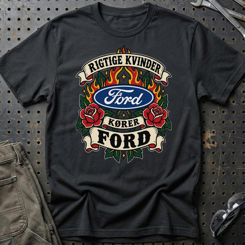 Ford Rigtige Kvinder Kører – Roser og Flammer T-Shirt-Beklædning-Ford-Sort-S-Garage Culture Shop- garage - man cave - merchandise