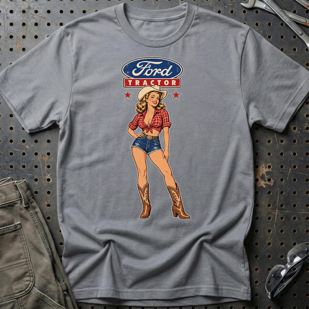 Ford Tractor Cowboy Pinup T-Shirt-Beklædning-Ford-Grå Sport-S-Garage Culture Shop- garage - man cave - merchandise