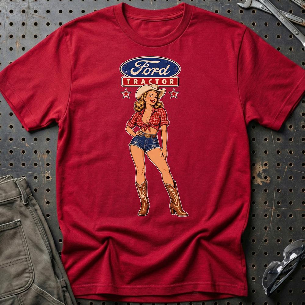 Ford Tractor Cowboy Pinup T-Shirt-Beklædning-Ford-Rød-S-Garage Culture Shop- garage - man cave - merchandise