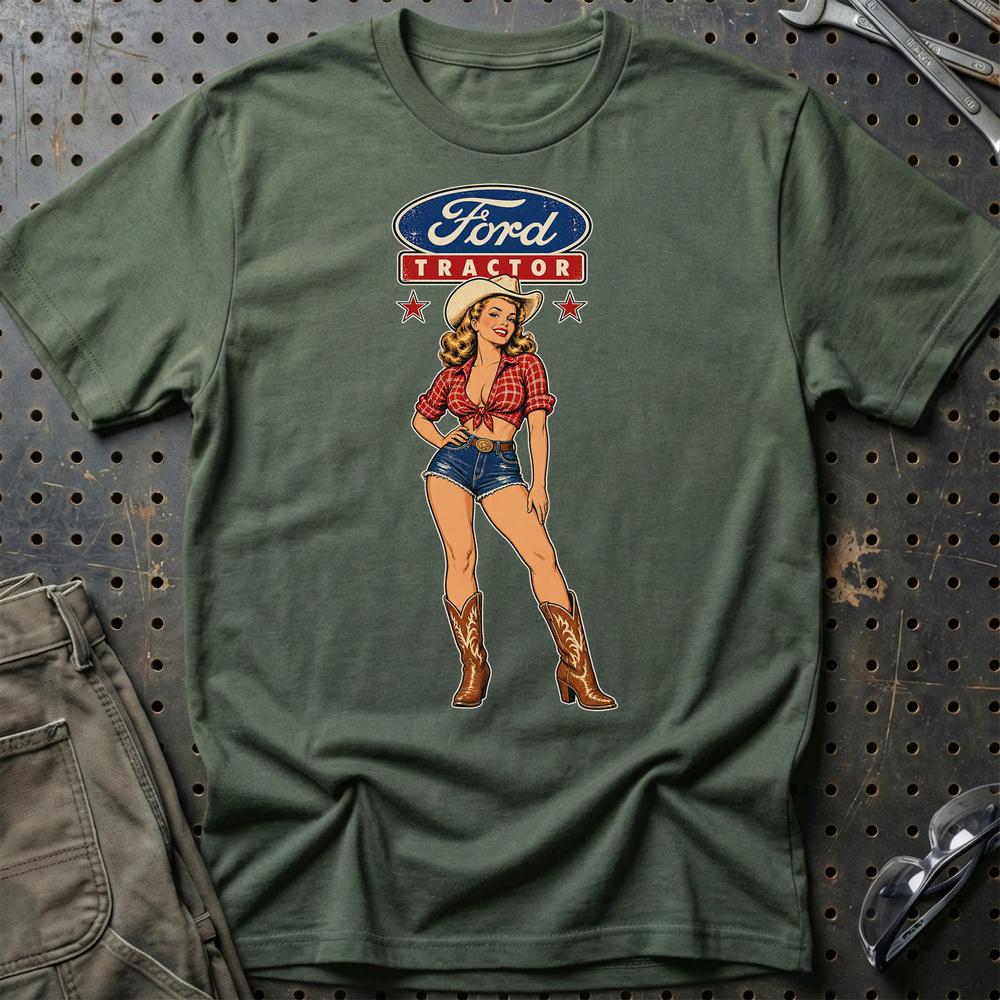 Ford Tractor Cowboy Pinup T-Shirt-Beklædning-Ford-Grøn Militær-S-Garage Culture Shop- garage - man cave - merchandise