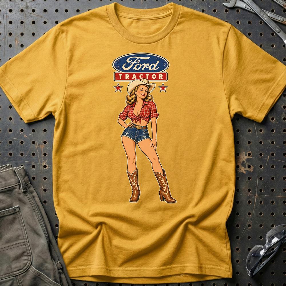 Ford Tractor Cowboy Pinup T-Shirt-Beklædning-Ford-Guld-S-Garage Culture Shop- garage - man cave - merchandise