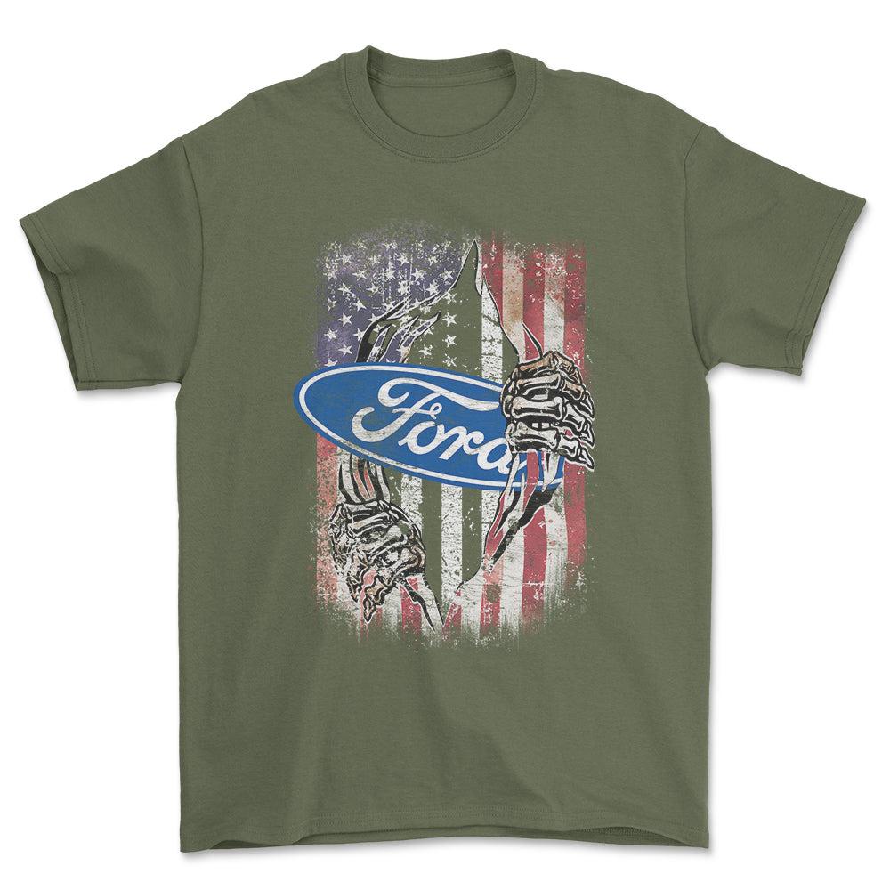 Ford US Flag T-Shirt-Beklædning-Ford-Grøn Militær-S-Garage Culture Shop- garage - man cave - merchandise