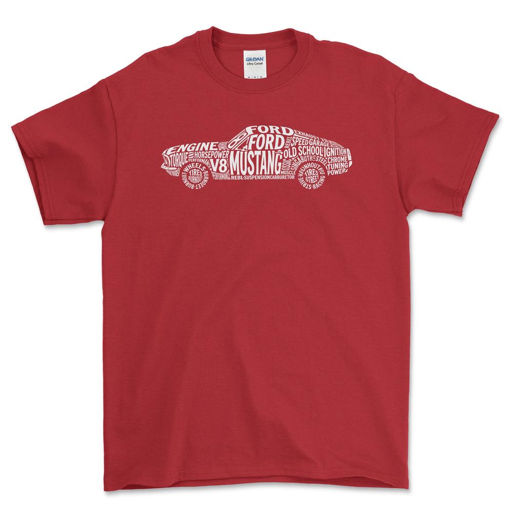 Ford Mustang Old School Typography - Unisex T-Shirt-Beklædning-Ford-Rød-S-Forside-Garage Culture Shop- garage - man cave - merchandise