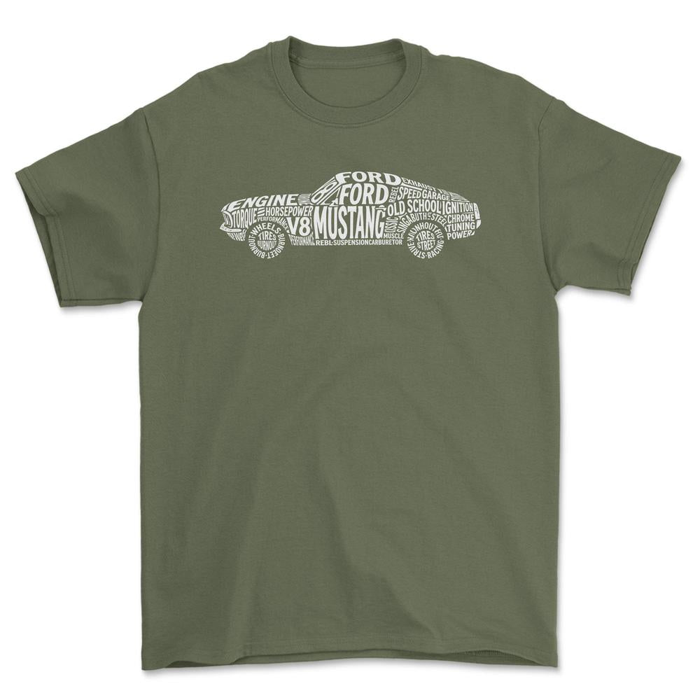 Ford Mustang Old School Typography - Unisex T-Shirt-Beklædning-Ford-Grøn Militær-S-Forside-Garage Culture Shop- garage - man cave - merchandise
