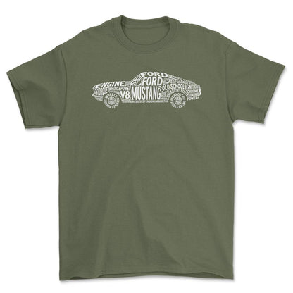 Ford Mustang Old School Typography - Unisex T-Shirt-Beklædning-Ford-Grøn Militær-S-Forside-Garage Culture Shop- garage - man cave - merchandise