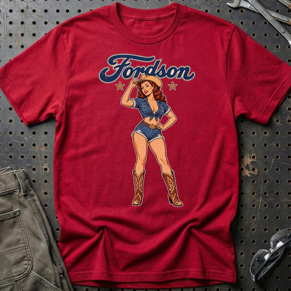 Fordson Cowboy Pinup T-Shirt-Beklædning-Fordson-Rød-S-Garage Culture Shop- garage - man cave - merchandise