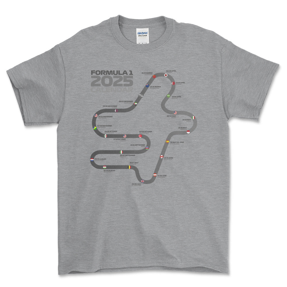 Formula 1 2025 Calendar - Unisex T-Shirt , Bomuld-Beklædning-Formula 1-Grå Sport-S-Forside-Garage Culture Shop- garage - man cave - merchandise