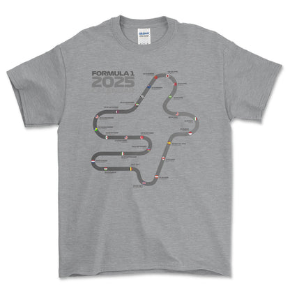 Formula 1 2025 Calendar - Unisex T-Shirt , Bomuld-Beklædning-Formula 1-Grå Sport-S-Forside-Garage Culture Shop- garage - man cave - merchandise