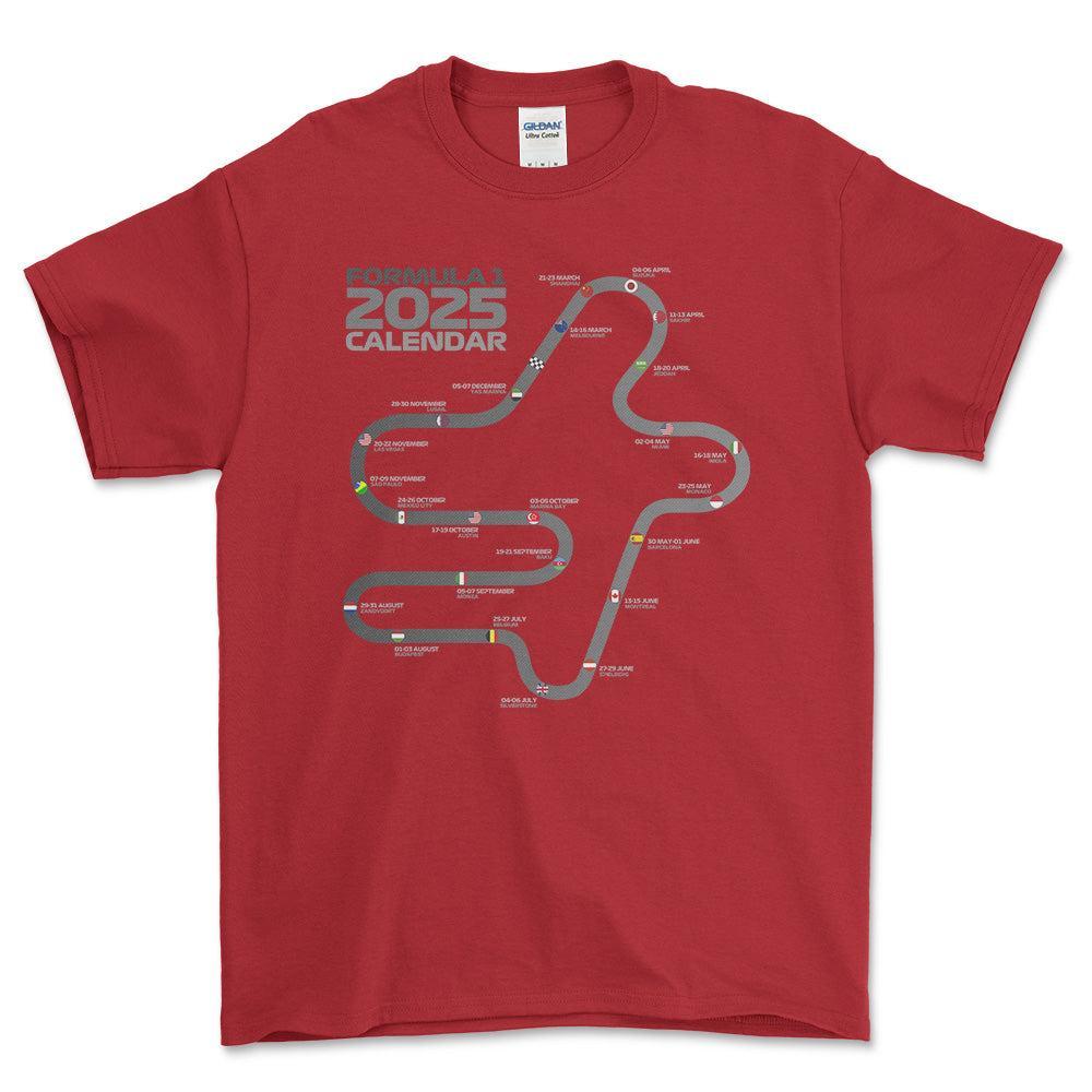 Formula 1 2025 Calendar - Unisex T-Shirt , Bomuld-Beklædning-Formula 1-Rød-S-Forside-Garage Culture Shop- garage - man cave - merchandise