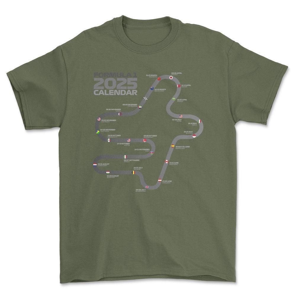 Formula 1 2025 Calendar - Unisex T-Shirt , Bomuld-Beklædning-Formula 1-Grøn Militær-S-Forside-Garage Culture Shop- garage - man cave - merchandise