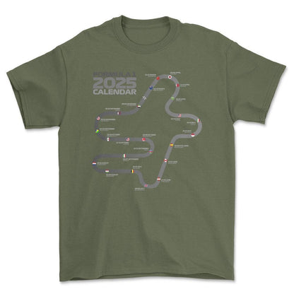 Formula 1 2025 Calendar - Unisex T-Shirt , Bomuld-Beklædning-Formula 1-Grøn Militær-S-Forside-Garage Culture Shop- garage - man cave - merchandise