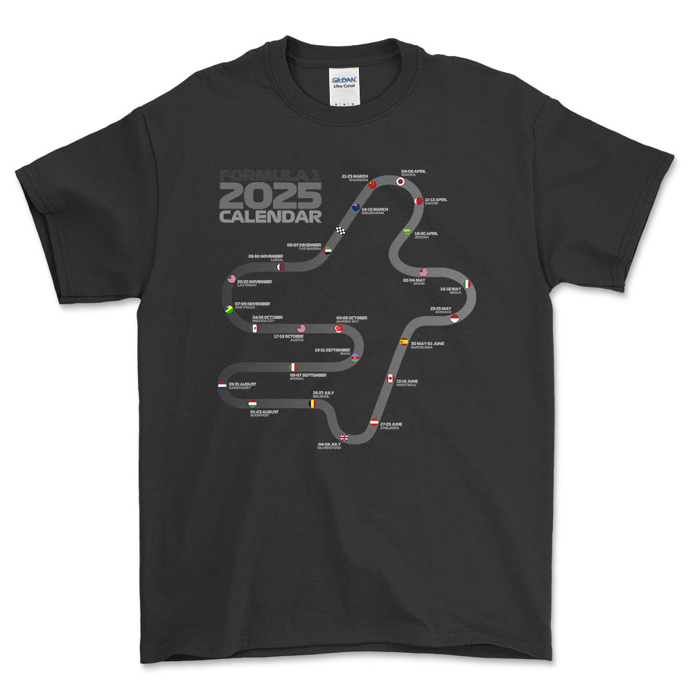 Formula 1 2025 Calendar - Unisex T-Shirt , Bomuld-Beklædning-Formula 1-Sort-S-Forside-Garage Culture Shop- garage - man cave - merchandise