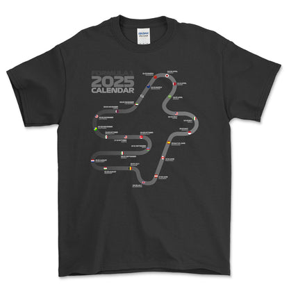 Formula 1 2025 Calendar - Unisex T-Shirt , Bomuld-Beklædning-Formula 1-Sort-S-Forside-Garage Culture Shop- garage - man cave - merchandise