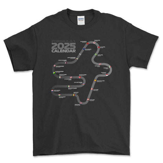 Formula 1 2025 Calendar - Unisex T-Shirt , Bomuld-Beklædning-Formula 1-Sort-S-Forside-Garage Culture Shop- garage - man cave - merchandise