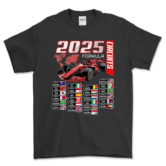 Formula 1 2025 Circuits - Unisex T-Shirt , Bomuld-Beklædning-Formula 1-Sort-S-Forside-Garage Culture Shop- garage - man cave - merchandise