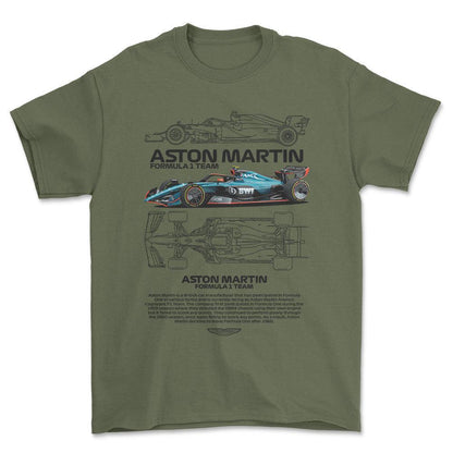 Formula 1 Aston Martin Team - Unisex T-Shirt , Bomuld-Beklædning-Formula 1-Grøn Militær-S-Forside-Garage Culture Shop- garage - man cave - merchandise