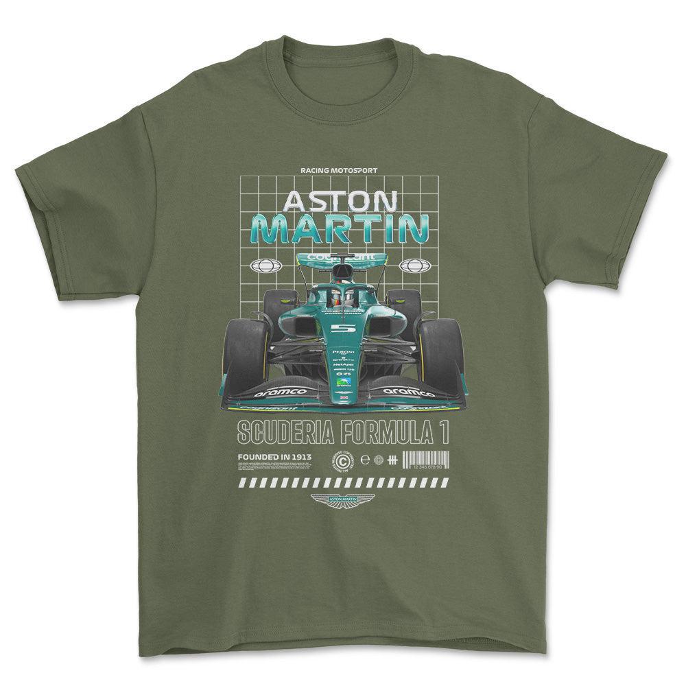 Formula 1 Aston Martin - Unisex T-Shirt , Bomuld-Beklædning-Formula 1-Grøn Militær-S-Forside-Garage Culture Shop- garage - man cave - merchandise