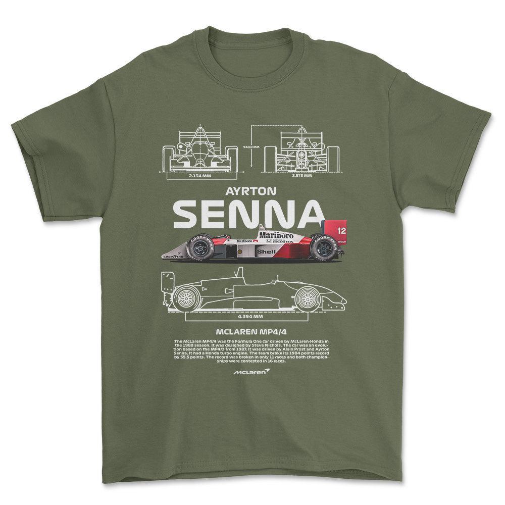 Formula 1 Ayrton Senna - Unisex T-Shirt , Bomuld-Beklædning-Formula 1-Grøn Militær-S-Forside-Garage Culture Shop- garage - man cave - merchandise