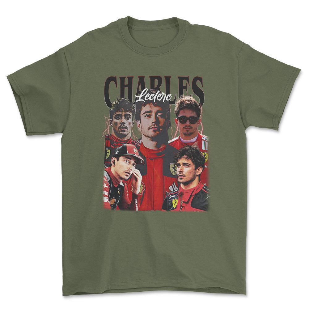 Formula 1 Charles Leclerc - Unisex T-Shirt , Bomuld-Beklædning-Formula 1-Grøn Militær-S-Forside-Garage Culture Shop- garage - man cave - merchandise