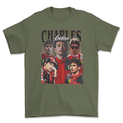 Formula 1 Charles Leclerc - Unisex T-Shirt , Bomuld-Beklædning-Formula 1-Grøn Militær-S-Forside-Garage Culture Shop- garage - man cave - merchandise