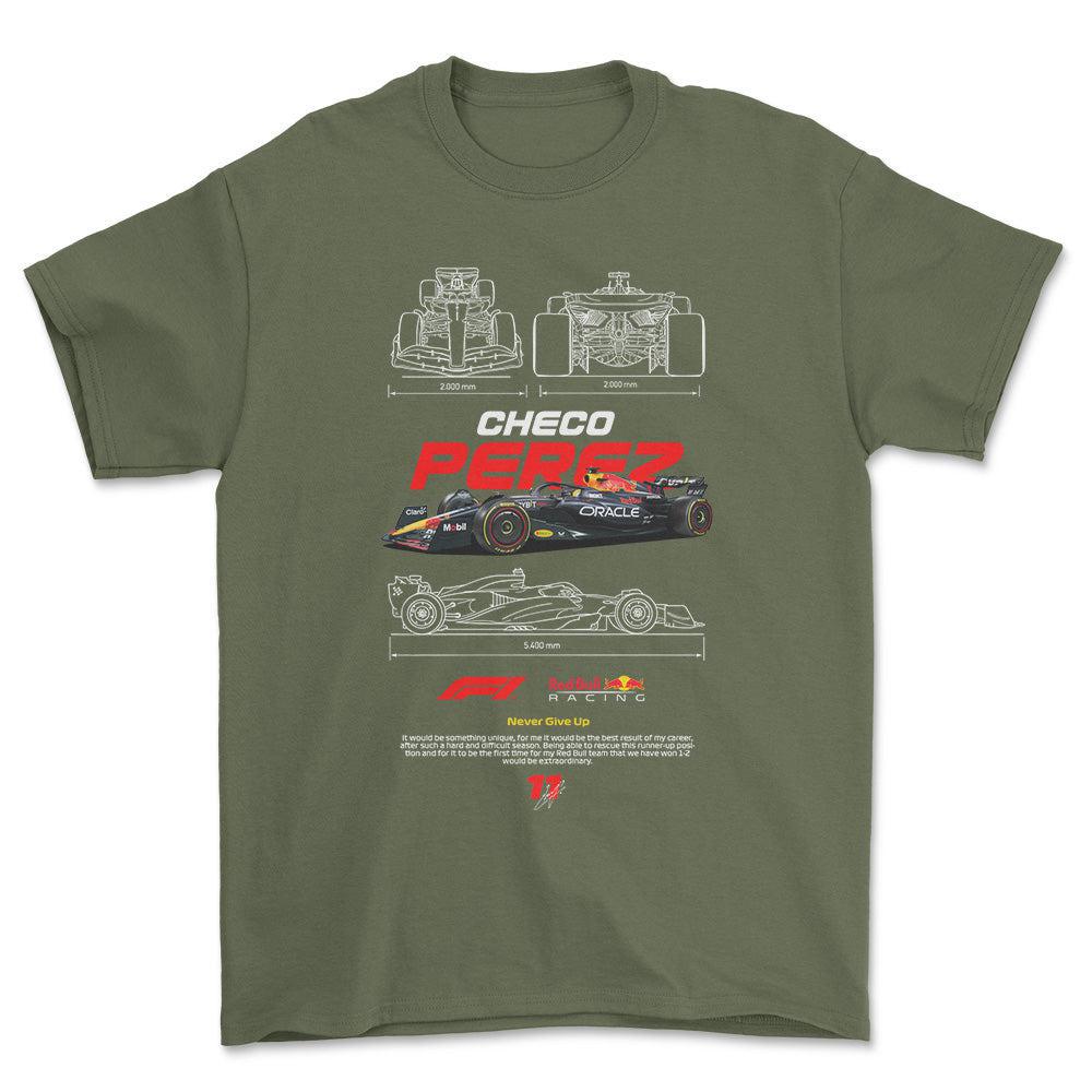 Formula 1 Checo Perez - Unisex T-Shirt , Bomuld-Beklædning-Formula 1-Grøn Militær-S-Forside-Garage Culture Shop- garage - man cave - merchandise