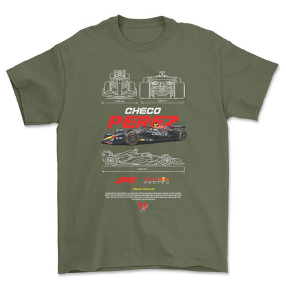 Formula 1 Checo Perez - Unisex T-Shirt , Bomuld-Beklædning-Formula 1-Grøn Militær-S-Forside-Garage Culture Shop- garage - man cave - merchandise