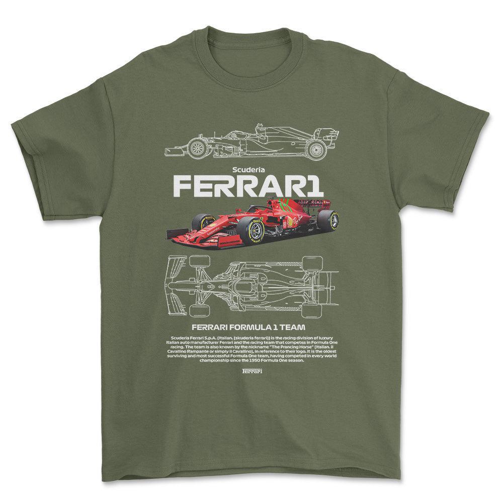 Formula 1 Ferrari Scuderia - Unisex T-Shirt , Bomuld-Beklædning-Formula 1-Grøn Militær-S-Forside-Garage Culture Shop- garage - man cave - merchandise