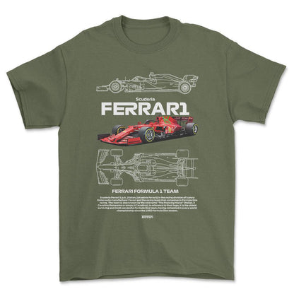 Formula 1 Ferrari Scuderia - Unisex T-Shirt , Bomuld-Beklædning-Formula 1-Grøn Militær-S-Forside-Garage Culture Shop- garage - man cave - merchandise