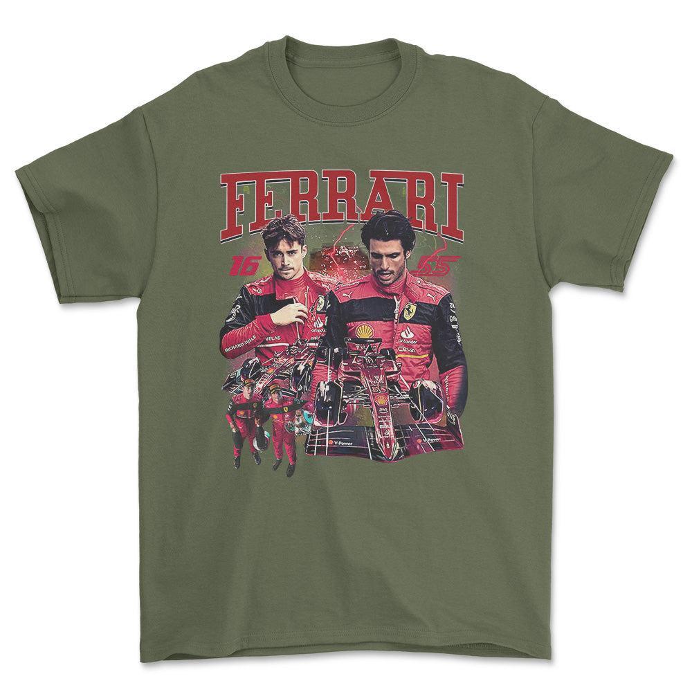 Formula 1 Ferrari - Unisex T-Shirt , Bomuld-Beklædning-Formula 1-Grøn Militær-S-Forside-Garage Culture Shop- garage - man cave - merchandise