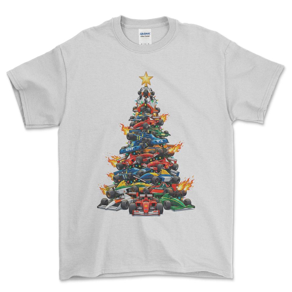 Formula 1 Juletræ Christmas Tree - Unisex T-Shirt-Beklædning-Formula 1-Hvid-S-Forside-Garage Culture Shop- garage - man cave - merchandise